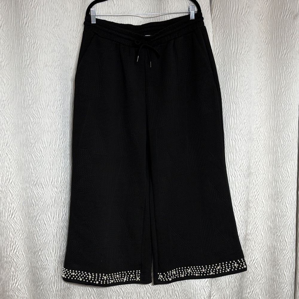 Double Take Pants Women's High Waist Wide Leg Pearl Cuff Black Crop-Size 2XL